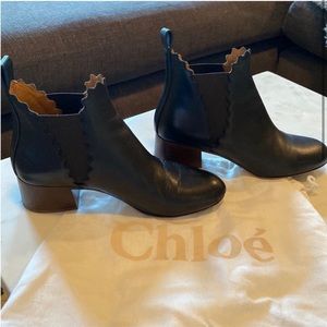 Chloe Scalloped Black Leather Booties